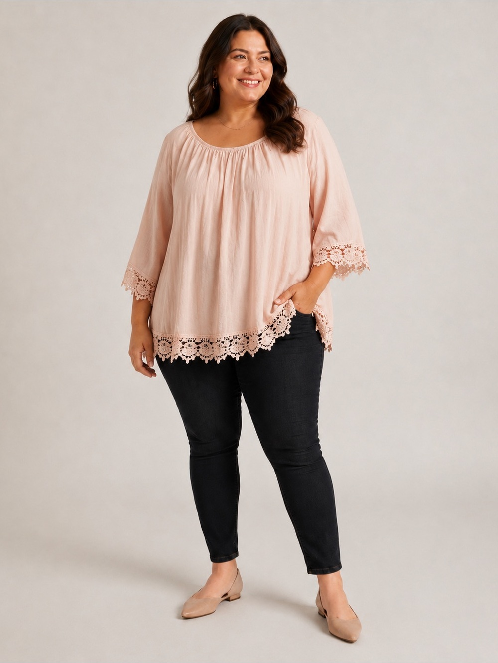 Boho Crochet-Hem Peasant Tunic - Blush Pink